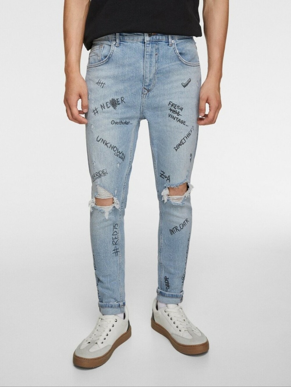 Zara Man Distressed Graffiti Text Print Skinny Slim Jeans Light Blue Ripped 36